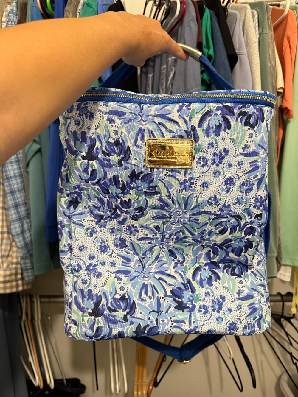 Lilly Pulitzer Blue Floral Tote Bag with Gold Logo